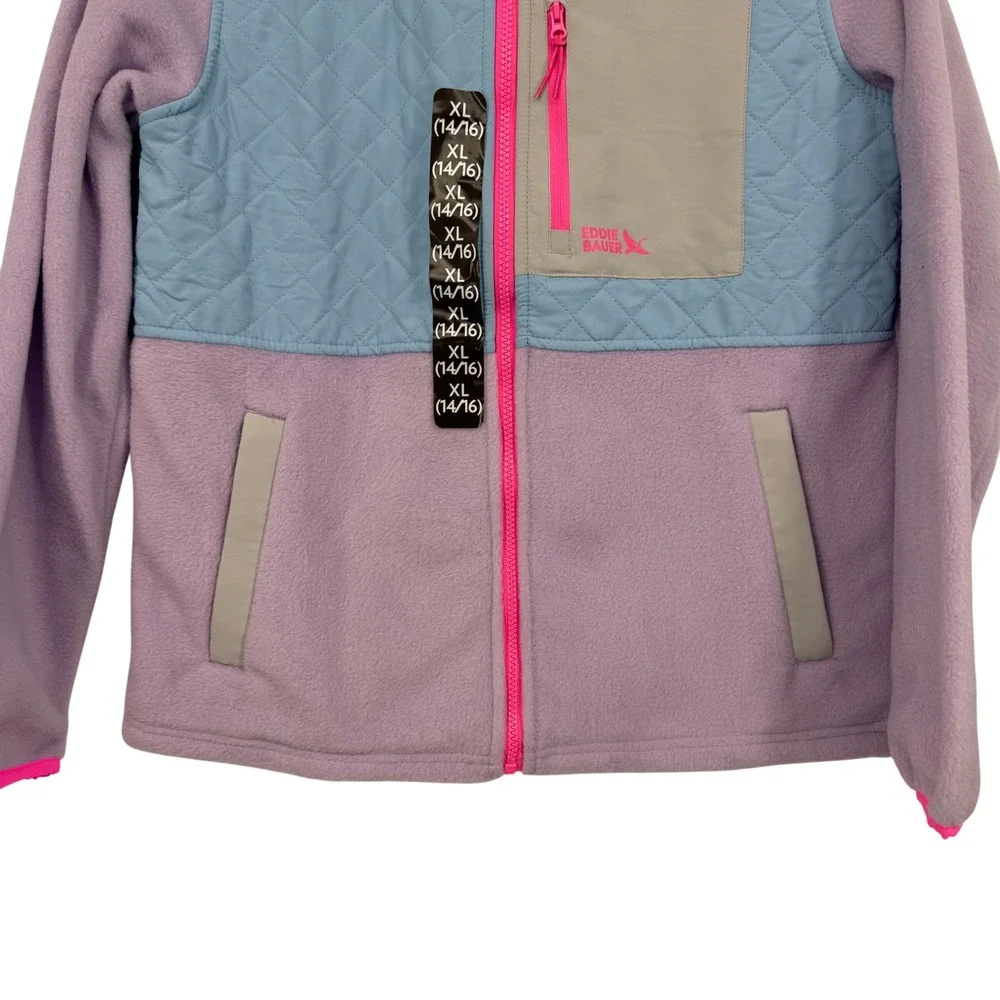 Eddie Bauer Kids Polar Fleece Jacket XL 14/16 Purple Blue Quilted Full Zip‎ New